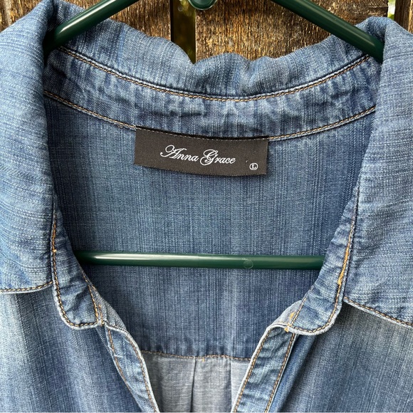 Anna Grace Tencel Chambray Raw Edge Hem Shirt Dress Sz L - Picture 3 of 14